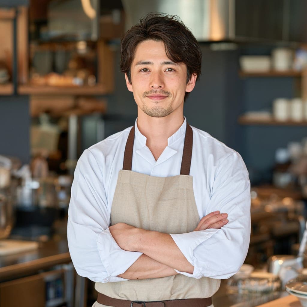 白いコックシャツにベージュのエプロンをつけた職人が、厨房の前で腕を組んで立っている